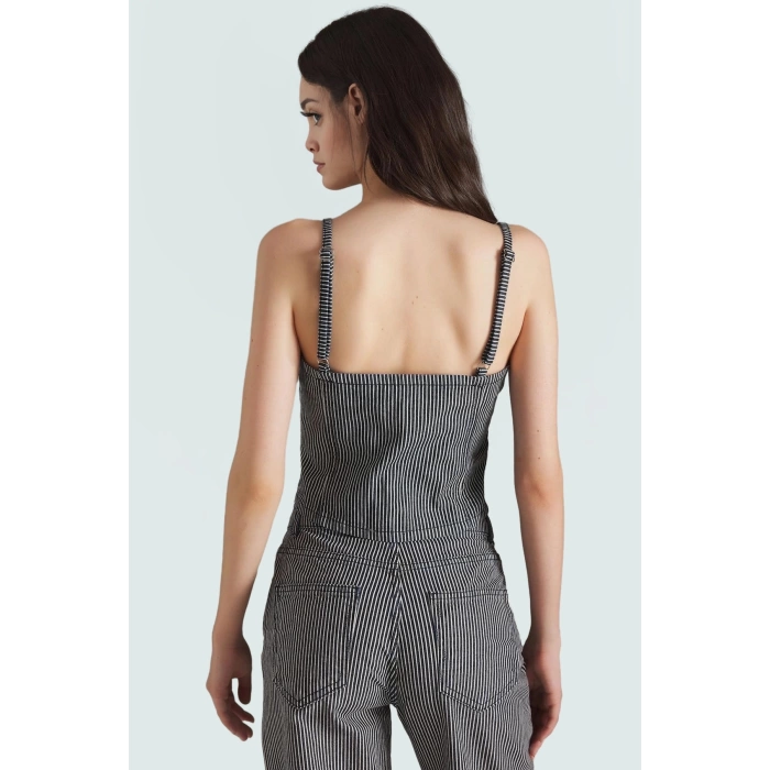İnce Askılı Çizgili Denim Bluz Stretch Kumaş Crop Kesim Rahat Ve Şık Seçkin Malzeme