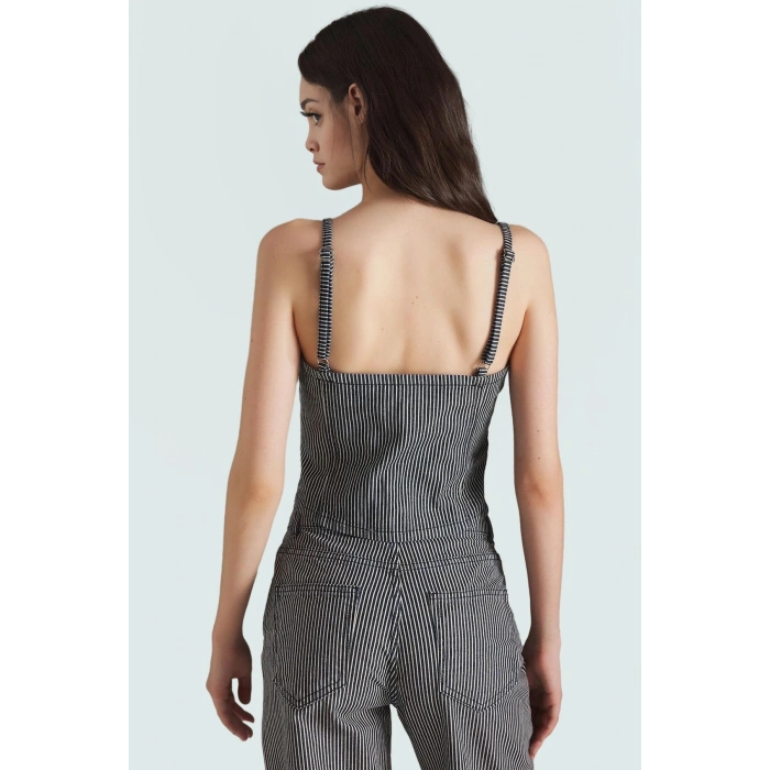 İnce Askılı Çizgili Denim Bluz Stretch Kumaş Crop Kesim Rahat Ve Şık Seçkin Malzeme