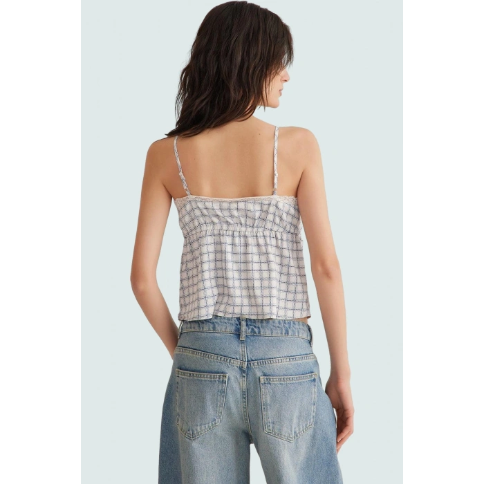 İnce Askılı Crop Bluz Çok Ekose Desenli Polyester Saten Yazlık Yüksek Kalite