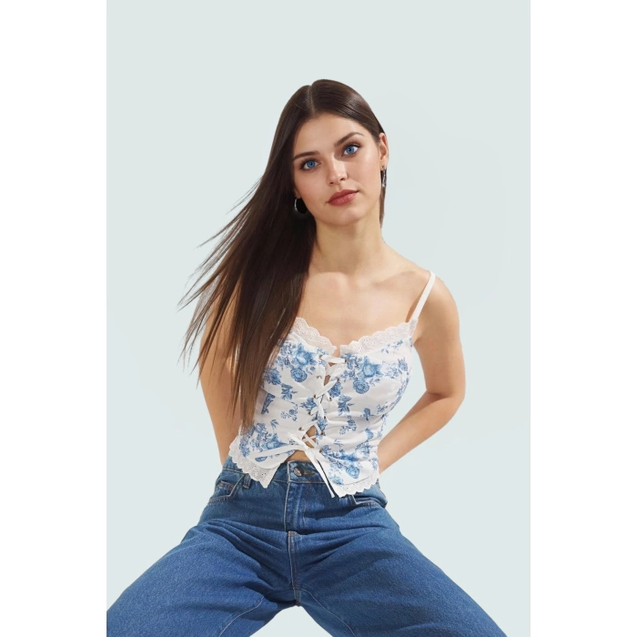 İnce Askılı Fitted Crop Bluz Çiçek Desenli Dokuma Kumaş Günlük Tarz Rahat Ve Şık