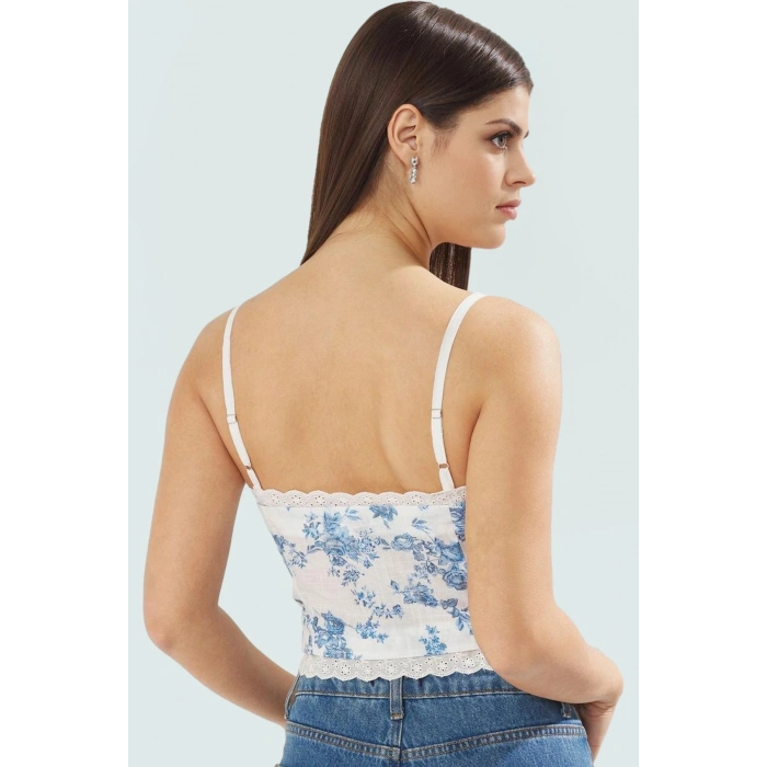 İnce Askılı Fitted Crop Bluz Çiçek Desenli Dokuma Kumaş Günlük Tarz Rahat Ve Şık
