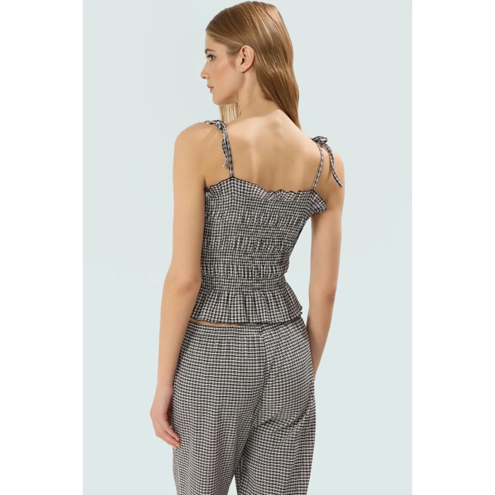 İnce Askılı Gipeli Crop Bluz Polyester Elastan Jakar Örme Yazlık Yüksek Kalite