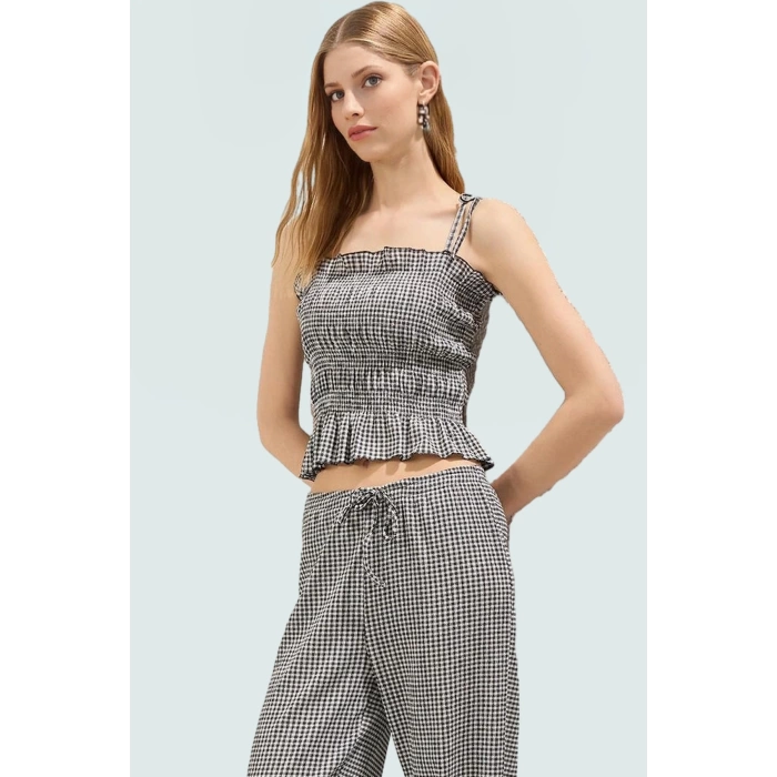 İnce Askılı Gipeli Crop Bluz Polyester Elastan Jakar Örme Yazlık Yüksek Kalite