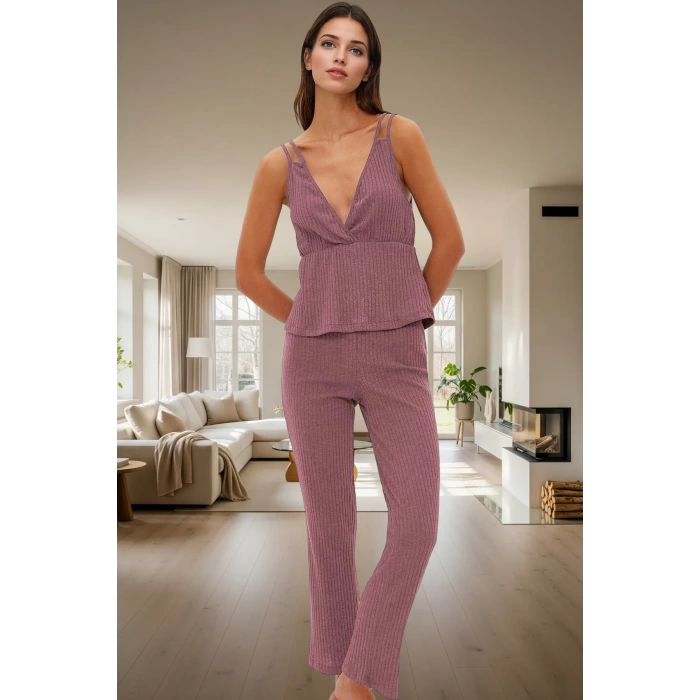 İnce Askılı Pijama Takımı %64 Polyester %33 Pamuk %3 Viskoz Karışımı Boru Paça Rahat Ve Şık