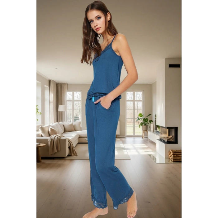 İnce Askılı V Yaka Dantelli Viskoz Örme Pijama Takımı 2li Rahat Ve Şık Kaliteli İşçilik