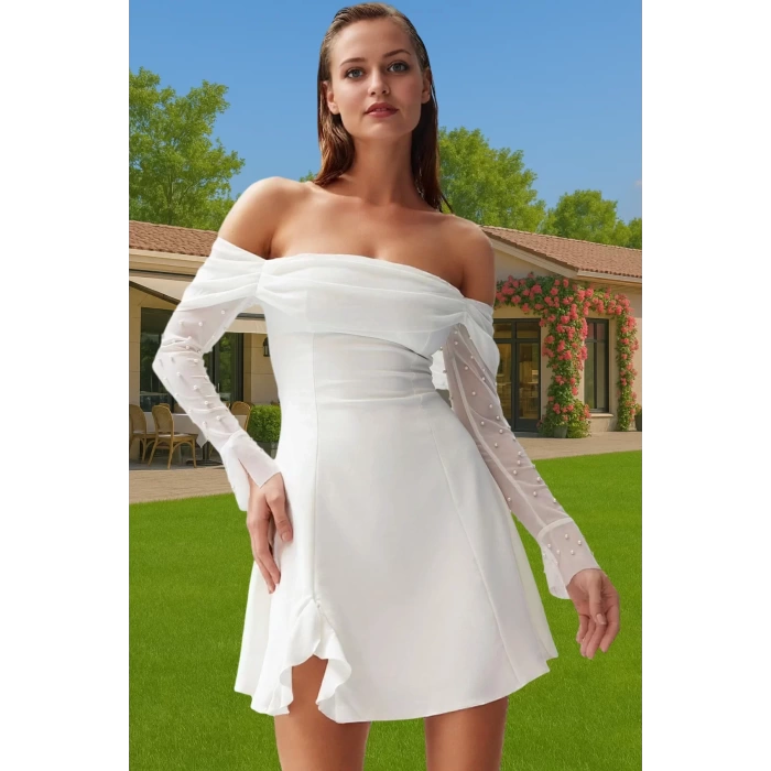 İncili Detaylı A Line Mini Elbise Özel Günler İçin Şık Tasarım Profesyonel Görünüm Modern Stil