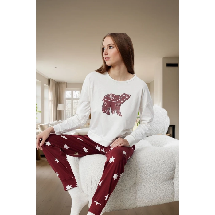 İpliği Boyalı Yıldız Desenli Örme Pijama Takımı %100 Pamuk Rahat ve Sıcak Yüksek Kalite