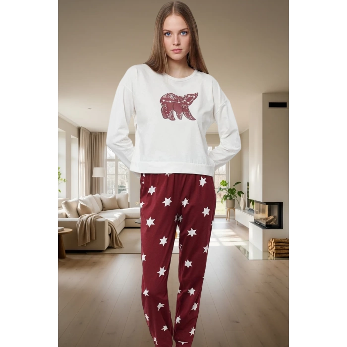 İpliği Boyalı Yıldız Desenli Örme Pijama Takımı %100 Pamuk Rahat ve Sıcak Yüksek Kalite