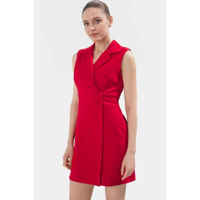 İş İçin Uygun Mini Elbise Polyester Dokuma Ceket Yaka Kolsuz Profesyonel Görünüm