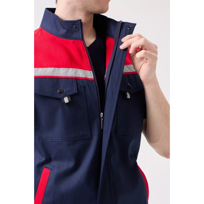 İş Yeleği Gabardin Kumas Yazlık GriKırmızı Reflektörlü Royal Hafif Nefes Alabilir Çok Cepli