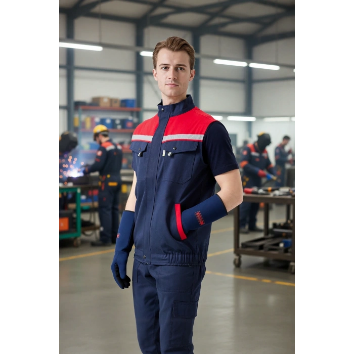 İş Yeleği Gabardin Kumas Yazlık GriKırmızı Reflektörlü Royal Hafif Nefes Alabilir Çok Cepli