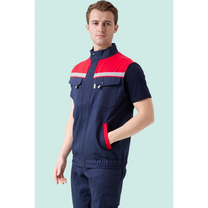 İş Yeleği Gabardin Kumas Yazlık GriKırmızı Reflektörlü Royal Hafif Nefes Alabilir Çok Cepli