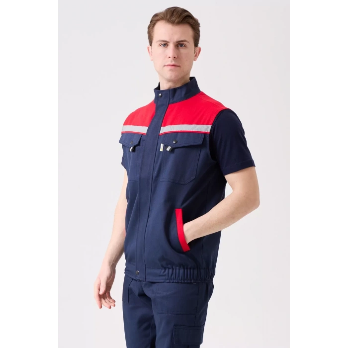 İş Yeleği Gabardin Kumas Yazlık GriKırmızı Reflektörlü Royal Hafif Nefes Alabilir Çok Cepli