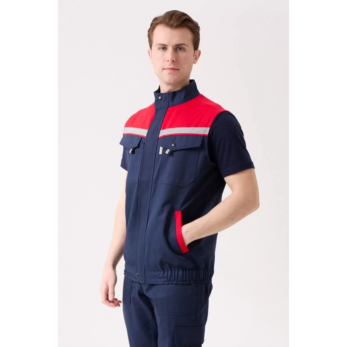 İş Yeleği Gabardin Kumas Yazlık GriKırmızı Reflektörlü Royal Hafif Nefes Alabilir Çok Cepli