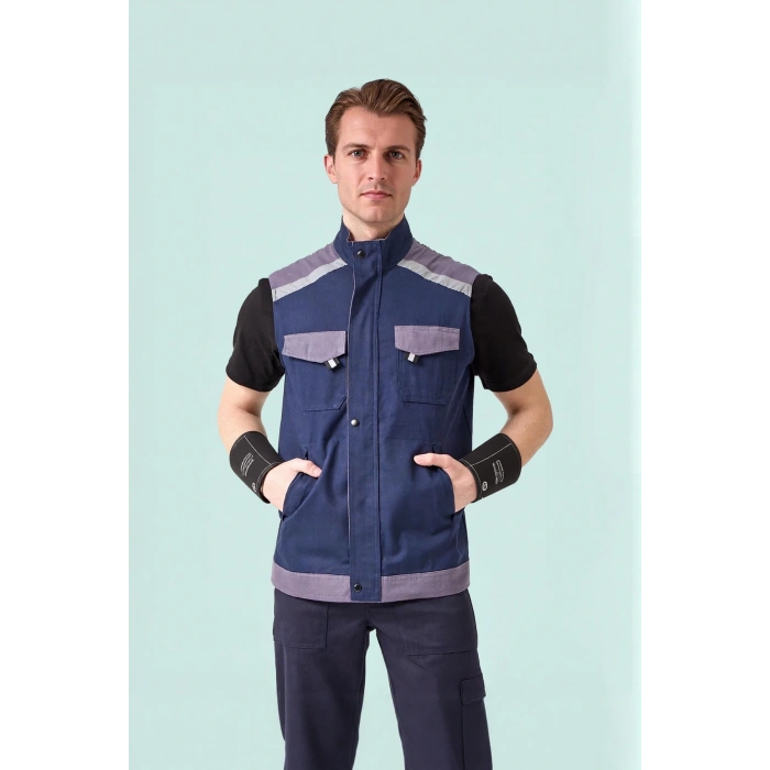 İş Yeleği GriMavi Gabardin Yazlık Çok Cepli Blaze Hafif Nefes Alabilir