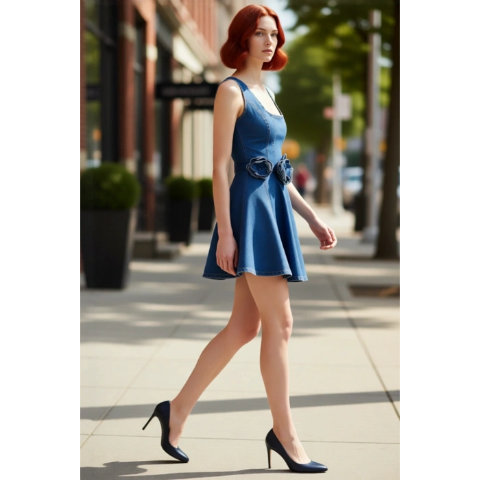 Kadın %100 Pamuk A line Kalıp Kare Yaka Kolsuz Mini Denim Elbise Gül Detaylı Yazlık Şık Tasarım