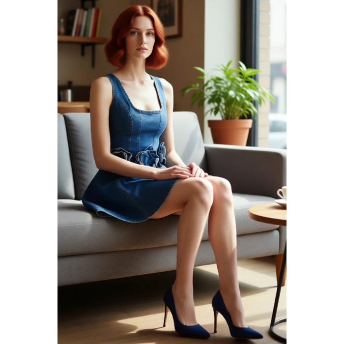 Kadın %100 Pamuk A line Kalıp Kare Yaka Kolsuz Mini Denim Elbise Gül Detaylı Yazlık Şık Tasarım