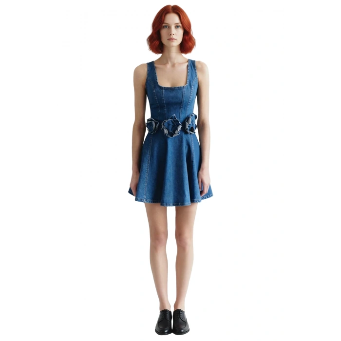 Kadın %100 Pamuk Askılı A line Siluet Kare Yaka Mini Denim Elbise Gül Detaylı Yaz Stili Kaliteli