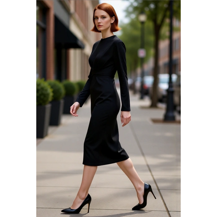 Kadın %100 Pamuk Bodycon Midi Elbise Bağlama Detaylı Bisiklet Yaka Uzun Standart Kol Şıklığı