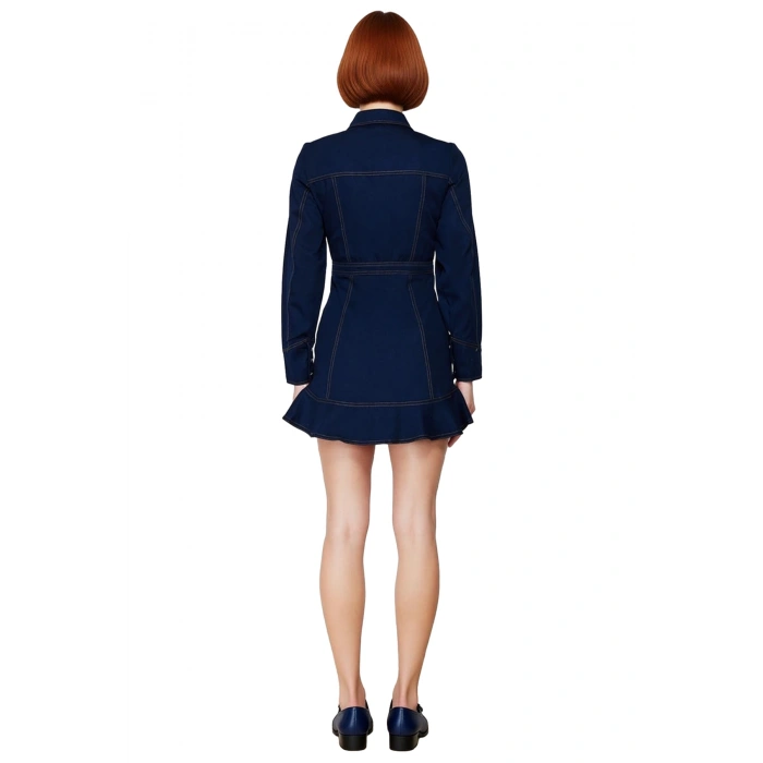 Kadın %100 Pamuk Dokuma Gömlek Yaka Düğmeli Fırfırlı Mini Uzun Kollu Elbise Şık Tasarım