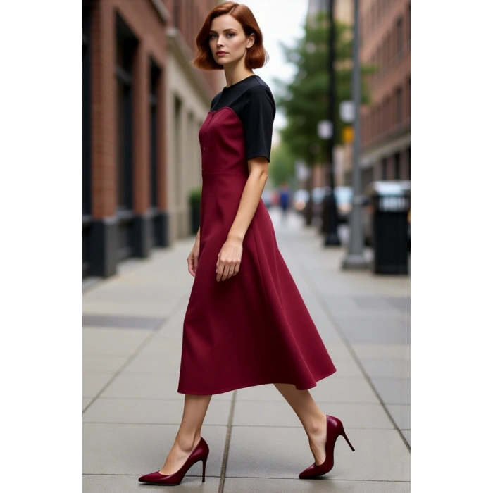 Kadın %100 Pamuk Gabardin Dokuma Renk Bloklu Skater Midi Elbise Bisiklet Yaka Düğmeli Kısa Kollu