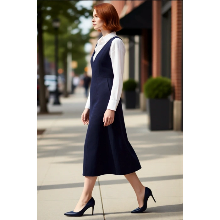 Kadın %100 Pamuk Gabardin Dokuma V Yaka Midi Jile Elbise Modern Rahat İlkbahar Sonbahar Giysi