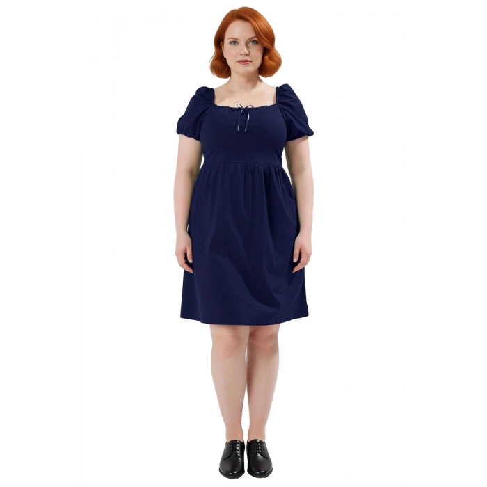 Kadın %100 Pamuk Kare Yaka Balon Kol Skater Mini Elbise Günlük Şık ve Konforlu Kıyafet Kaliteli