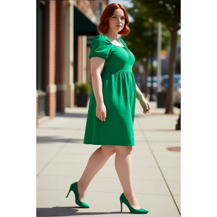 Kadın %100 Pamuk Kare Yaka Balon Kol Skater Mini Elbise Günlük Şık ve Konforlu Kıyafet Kaliteli