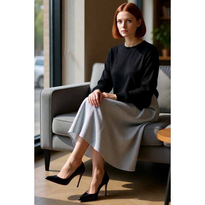 Kadın 100% Pamuk Midi Elbise Siyah Triko Garnili Çizgili Desen Günlük ve Rahat Stil Kaliteli