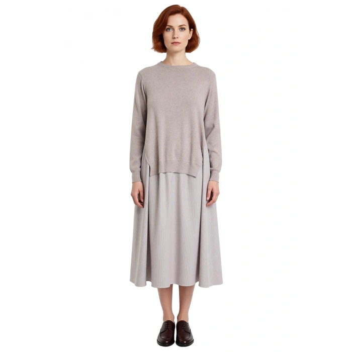 Kadın 100% Pamuk Midi Elbise Siyah Triko Garnili Çizgili Desen Günlük ve Rahat Stil Kaliteli