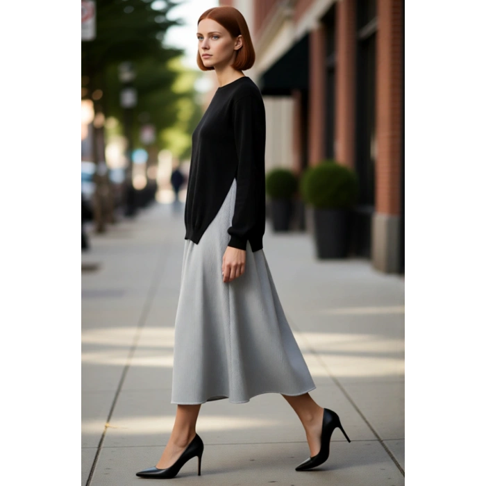 Kadın 100% Pamuk Midi Elbise Siyah Triko Garnili Çizgili Desen Günlük ve Rahat Stil Kaliteli