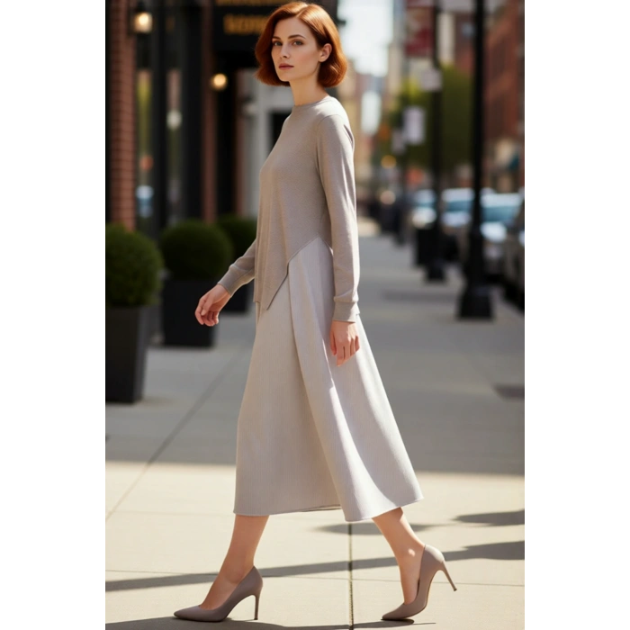 Kadın 100% Pamuk Midi Elbise Siyah Triko Garnili Çizgili Desen Günlük ve Rahat Stil Kaliteli