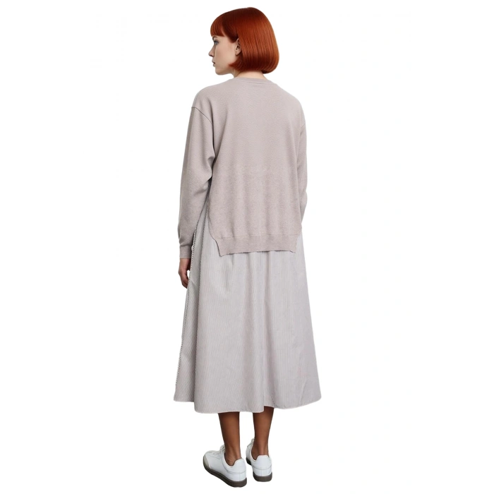 Kadın 100% Pamuk Midi Elbise Siyah Triko Garnili Çizgili Desen Günlük ve Rahat Stil Kaliteli