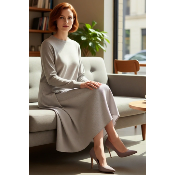 Kadın 100% Pamuk Midi Elbise Siyah Triko Garnili Çizgili Desen Günlük ve Rahat Stil Kaliteli