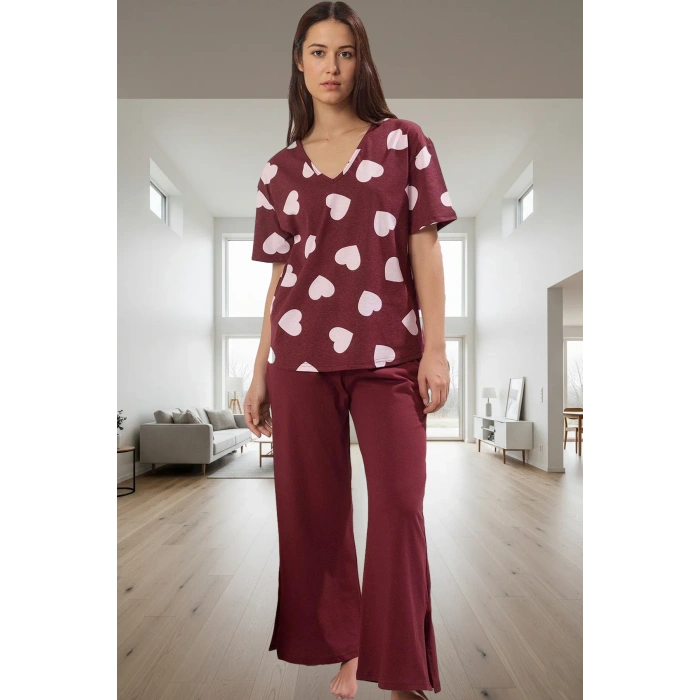 Kadın %100 Pamuklu Kalpli Pijama Takımı Rahat V Yaka Kısa Kollu Homewear Profesyonel Görünüm