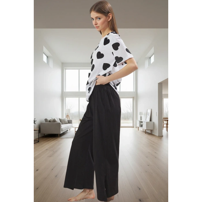 Kadın %100 Pamuklu Kalpli Pijama Takımı Rahat V Yaka Kısa Kollu Homewear Profesyonel Görünüm