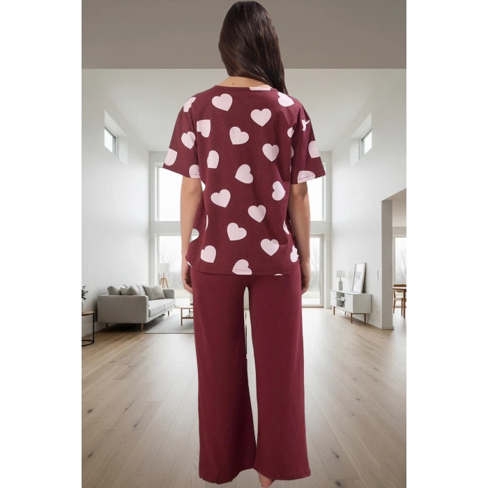 Kadın %100 Pamuklu Kalpli Pijama Takımı Rahat V Yaka Kısa Kollu Homewear Profesyonel Görünüm