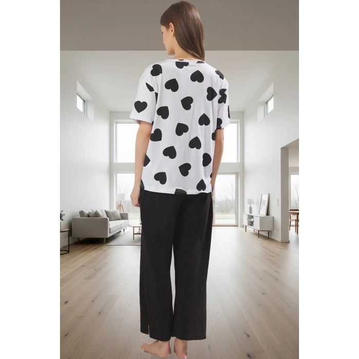 Kadın %100 Pamuklu Kalpli Pijama Takımı Rahat V Yaka Kısa Kollu Homewear Profesyonel Görünüm