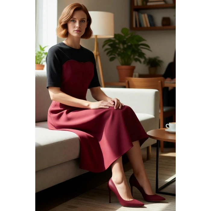 Kadın %100 Pamuklu Midi Elbise Renk Bloklu Skater Kesim Bisiklet Yaka Düğmeli Kısa Kollu Gabardin