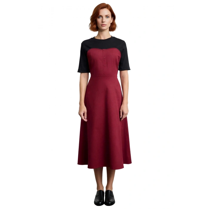 Kadın %100 Pamuklu Midi Elbise Renk Bloklu Skater Kesim Bisiklet Yaka Düğmeli Kısa Kollu Gabardin