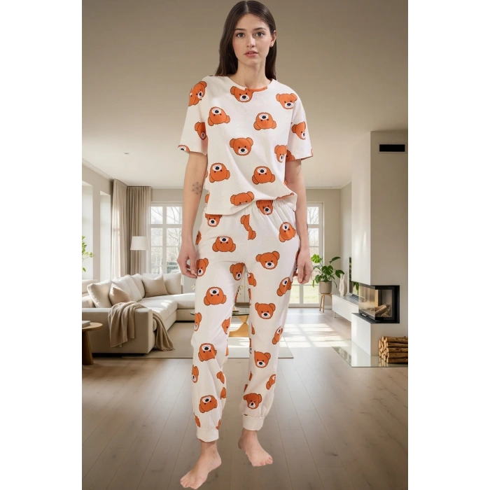 Kadın %100 Pamuklu Pijama Takımı Ayıcıklı Desen Boru Paça Regular Lounge Giyim Yüksek Kalite