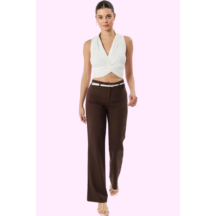 Kadın 88% Polyester 12% Elastan Geniş Paça Pantolon Yüksek Bel Tasarım Yaz Aylarının Vazgeçilmezi