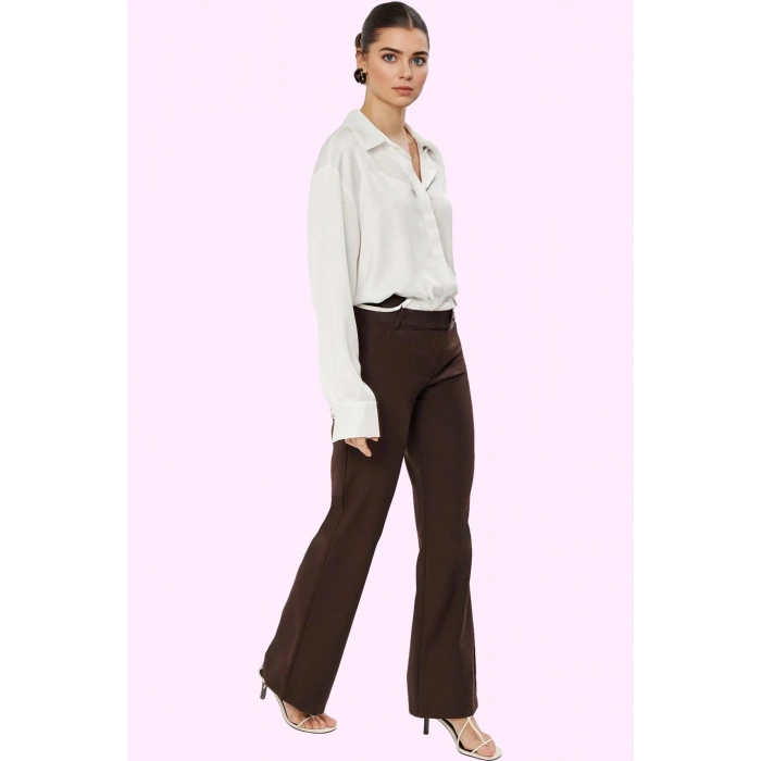 Kadın 88% Polyester 12% Elastan Geniş Paça Pantolon Yüksek Bel Tasarım Yaz Aylarının Vazgeçilmezi