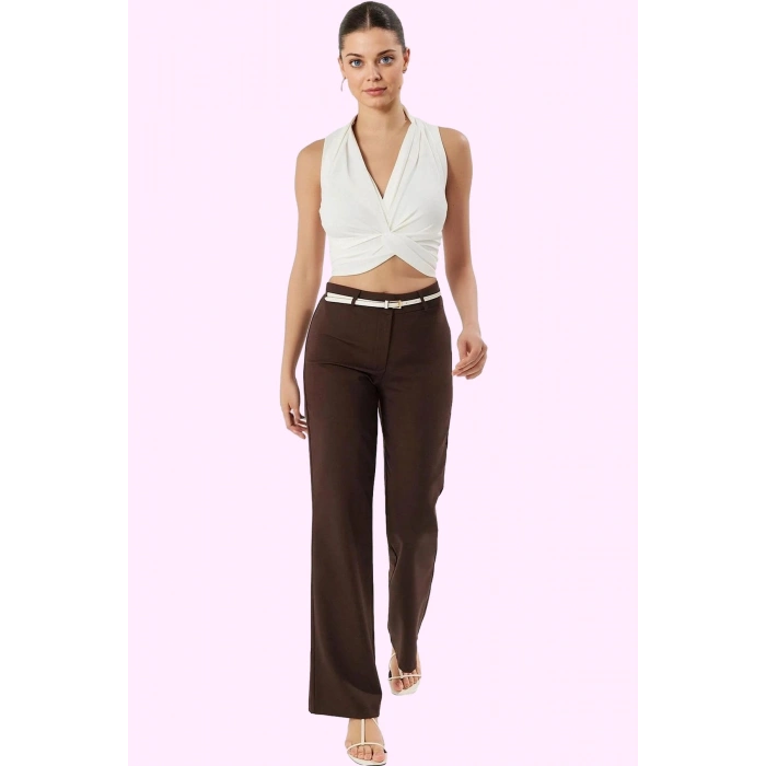 Kadın 88% Polyester 12% Elastan Geniş Paça Pantolon Yüksek Bel Tasarım Yaz Aylarının Vazgeçilmezi