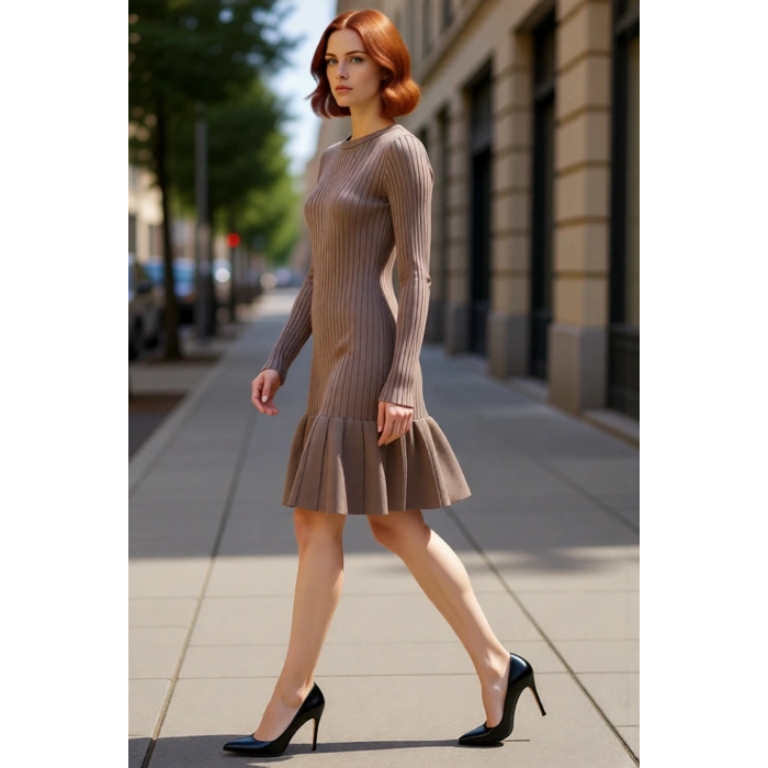 Kadın A Kesim Bordo Triko Mini Elbise Uzun Kollu Bisiklet Yaka Şık Günlük Kış Stili Tasarım