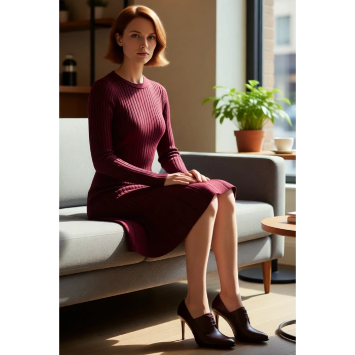 Kadın A Kesim Bordo Triko Mini Elbise Uzun Kollu Bisiklet Yaka Şık Günlük Kış Stili Tasarım