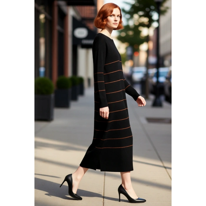 Kadın A Kesim Çizgili Bisiklet Yaka Uzun Standart Kollu Triko Elbise Kış Mevsimi İçin Şık Ve Rahat