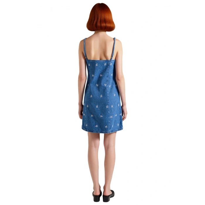 Kadın A Kesim Denim Mini Elbise Fiyonklu Baskılı Kare Yaka Tasarımı ile Şıklığı Yakalayın Kaliteli