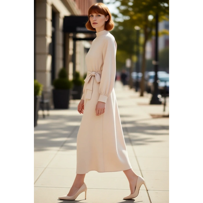 Kadın A Kesim Dik Yaka Balon Kol Kuşak Detaylı Dokuma Maxi Elbise Modern Şık Günlük Stile Uygun