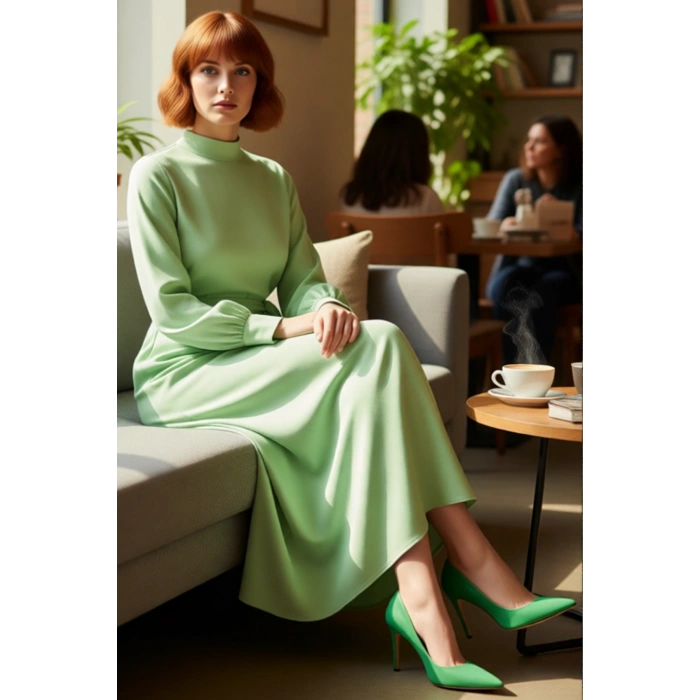 Kadın A Kesim Dik Yaka Balon Kol Kuşak Detaylı Dokuma Maxi Elbise Modern Şık Günlük Stile Uygun